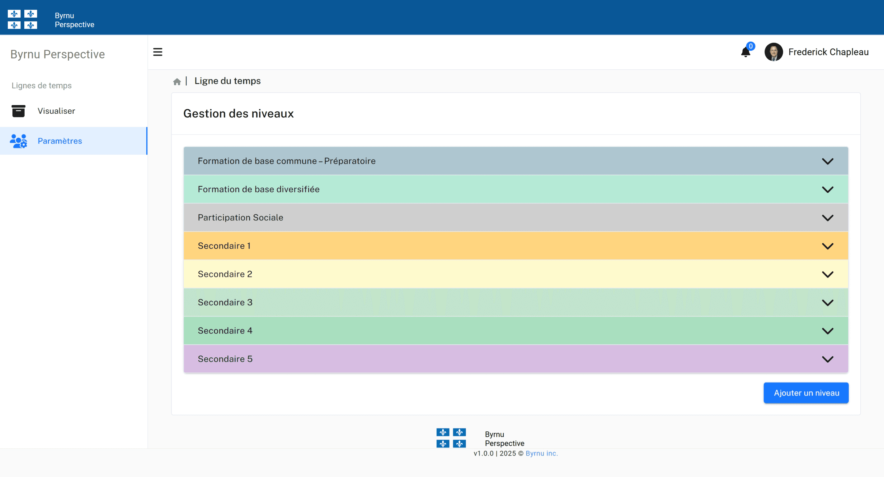 Paramètres – gestion des niveaux